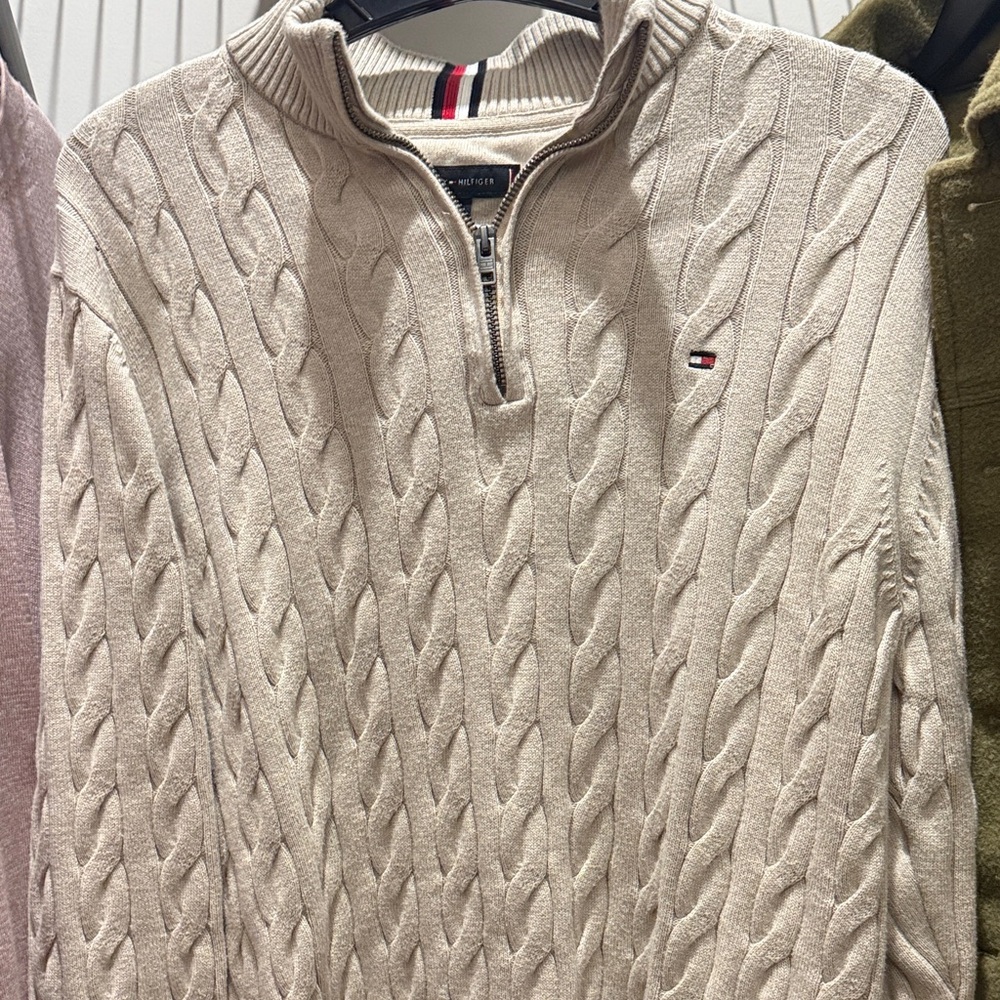 Tommy Hilfiger Cream Cable-Knit Half-Zip Sweater